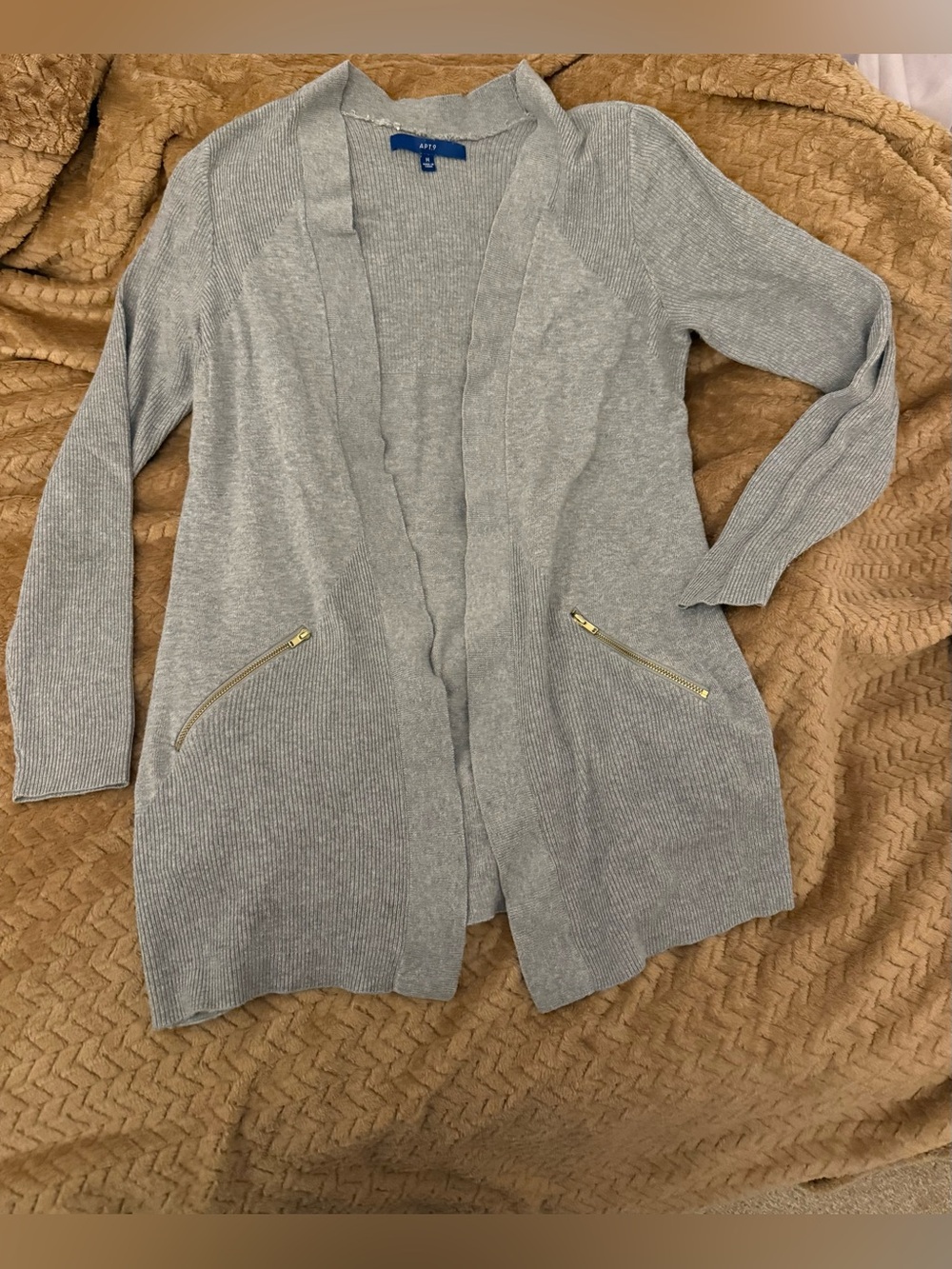 Apt. 9 Light Gray Open-Front Long Cardigan with Gold Zipper Pockets